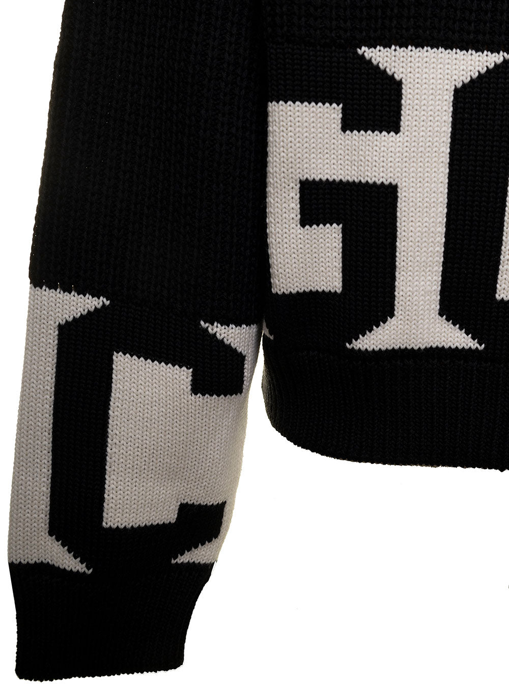 Black Sweater Knit With Contrast Jacquard Logo To The Sleeves And Bottom Gcds Man Collar Jersey