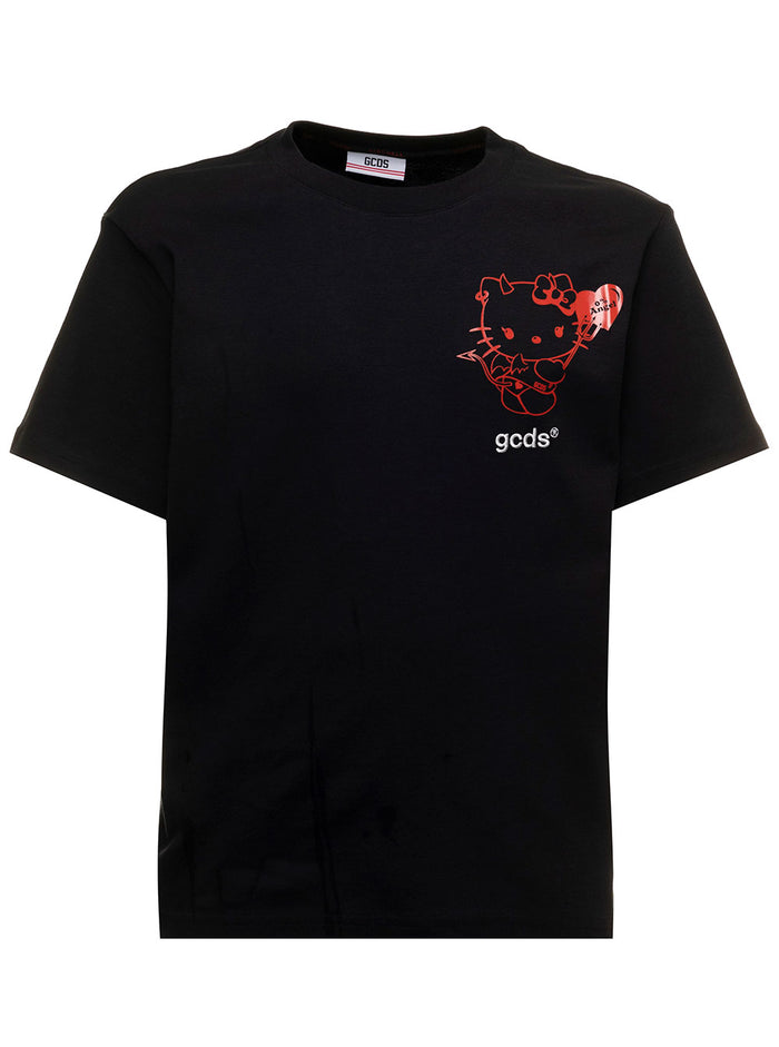 Black Hello Kitty Spicy Angel T-Shirt Jersey With Contrasting Print On Chest And Back Gcds Man Tshirts Polo Shirts