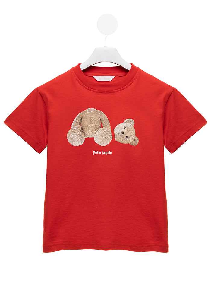 Red Cotton T-Shirt With Bear Loose Front Print Palm Angels Kids Boy Tshirts And Polo Shirts