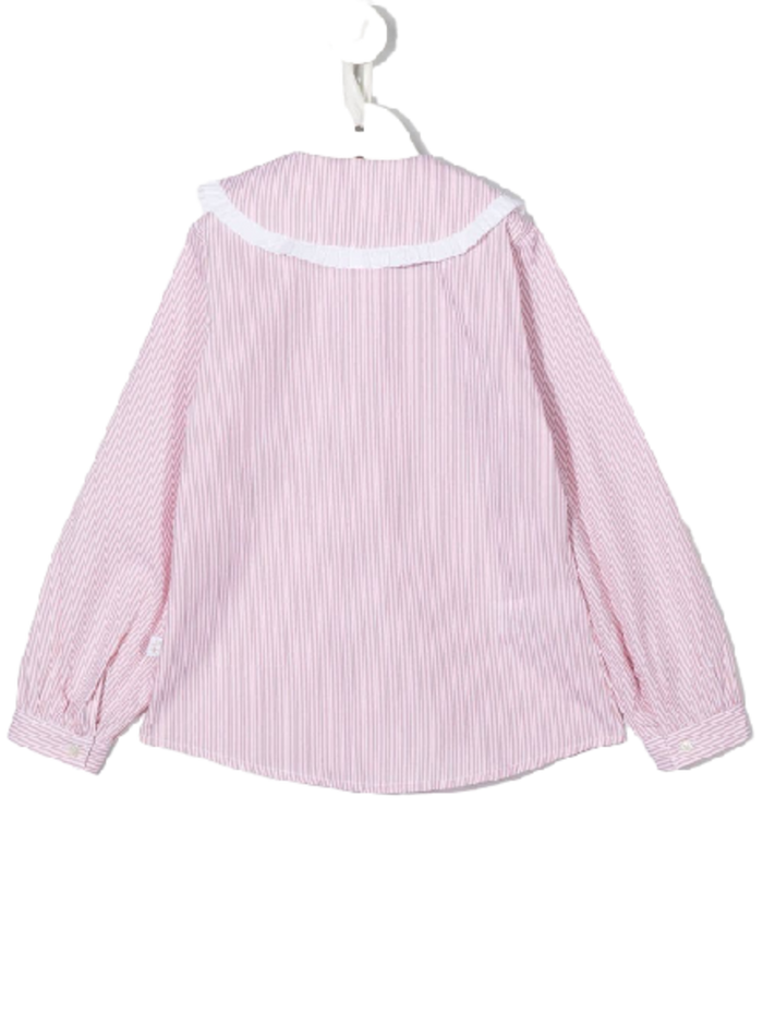 White And Red Striped Cotton Shirt With Large Peter Pan Collar Pink Blouses