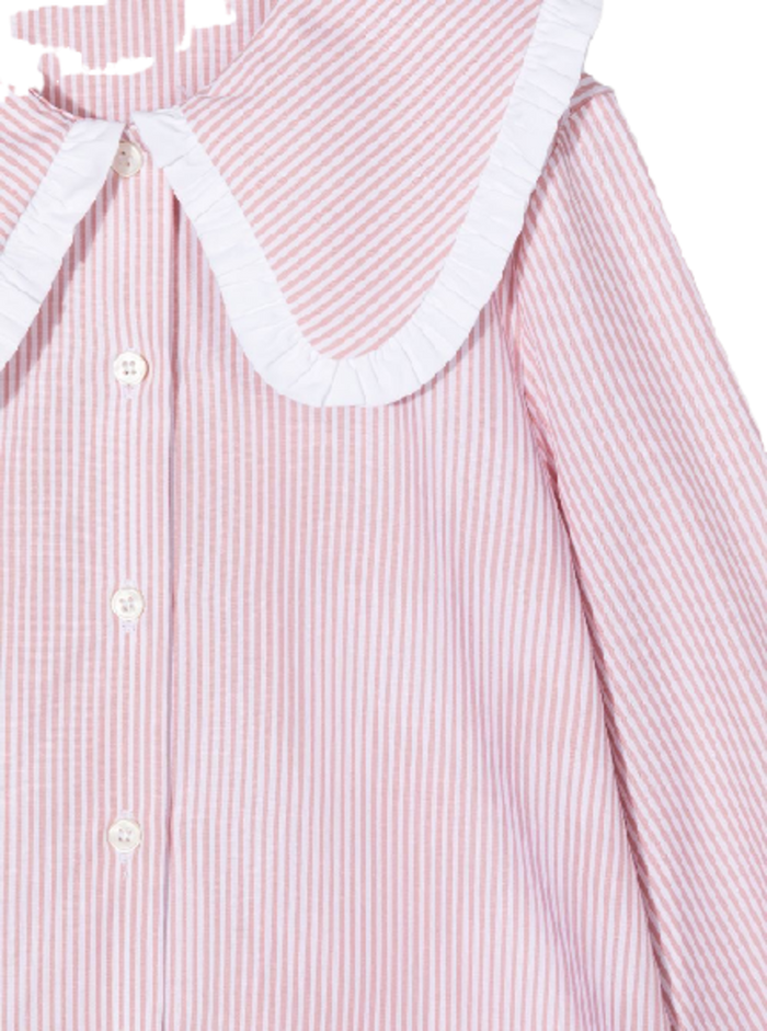 White And Red Striped Cotton Shirt With Large Peter Pan Collar Pink Blouses