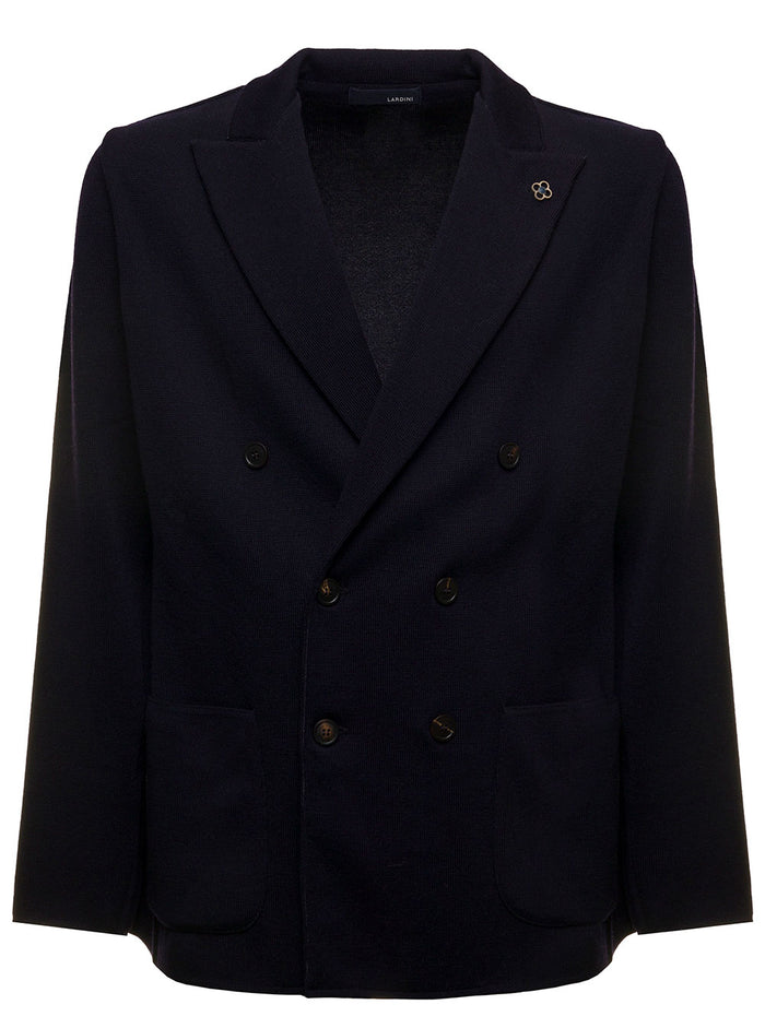 Double-Breasted Blue Blazer Punto Milano Knitted Wool Lardini Man Blu Blazers