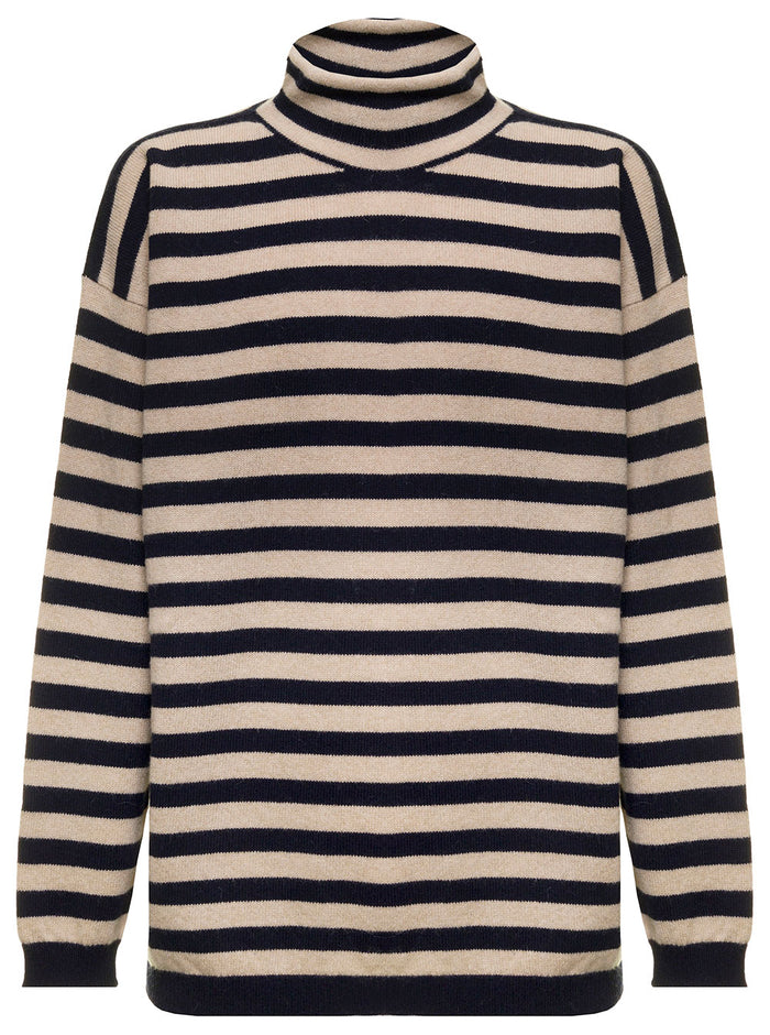 Beige And Blue Turtleneck Knitted Wool Alpaca Blend With Jacqauard Striped Patternlardini Motif Man Blu Jersey