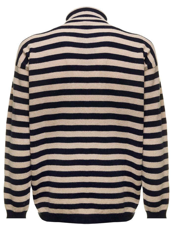 Beige And Blue Turtleneck Knitted Wool Alpaca Blend With Jacqauard Striped Patternlardini Motif Man Blu Jersey