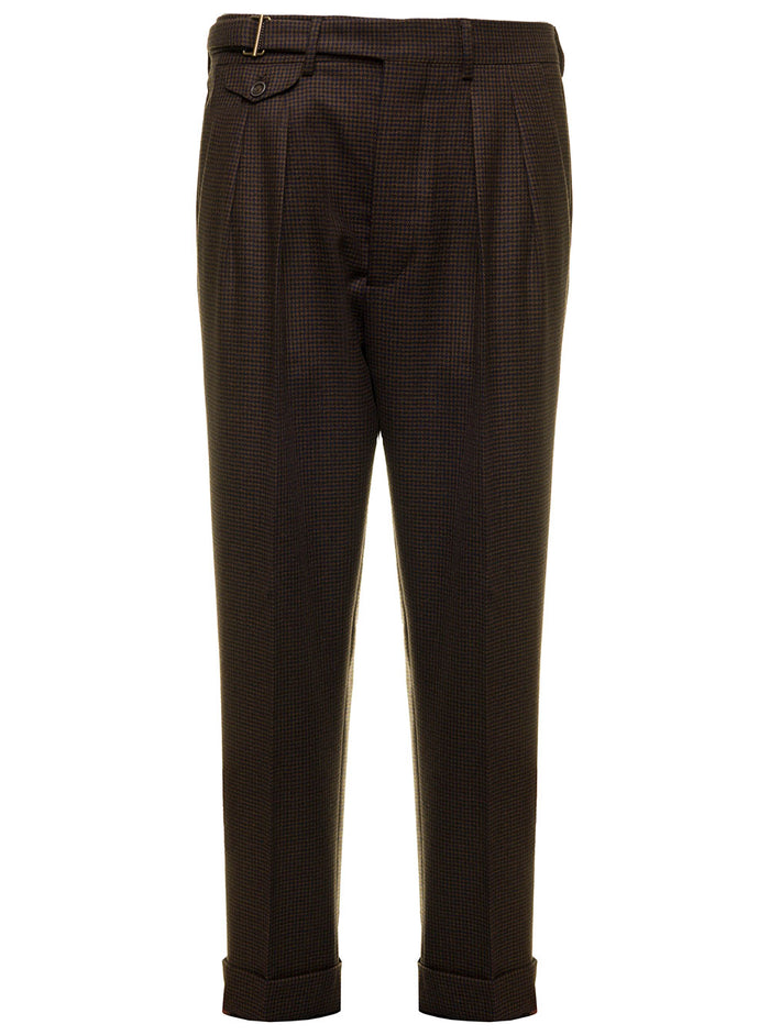 Brown And Blue Trousers Houndstooth Wool With Belt, Front Pocket Turn-Up At The Bottom Details Lardini Man