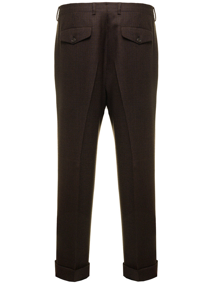 Brown And Blue Trousers Houndstooth Wool With Belt, Front Pocket Turn-Up At The Bottom Details Lardini Man
