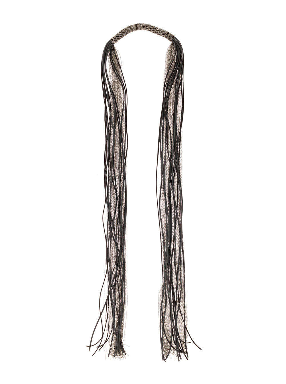 Silver And Black Foulard Necklace With Metallic Leather Fringes Central Rhinestone Decoration Fabiana Filippi Woman Grey Calf Necklaces