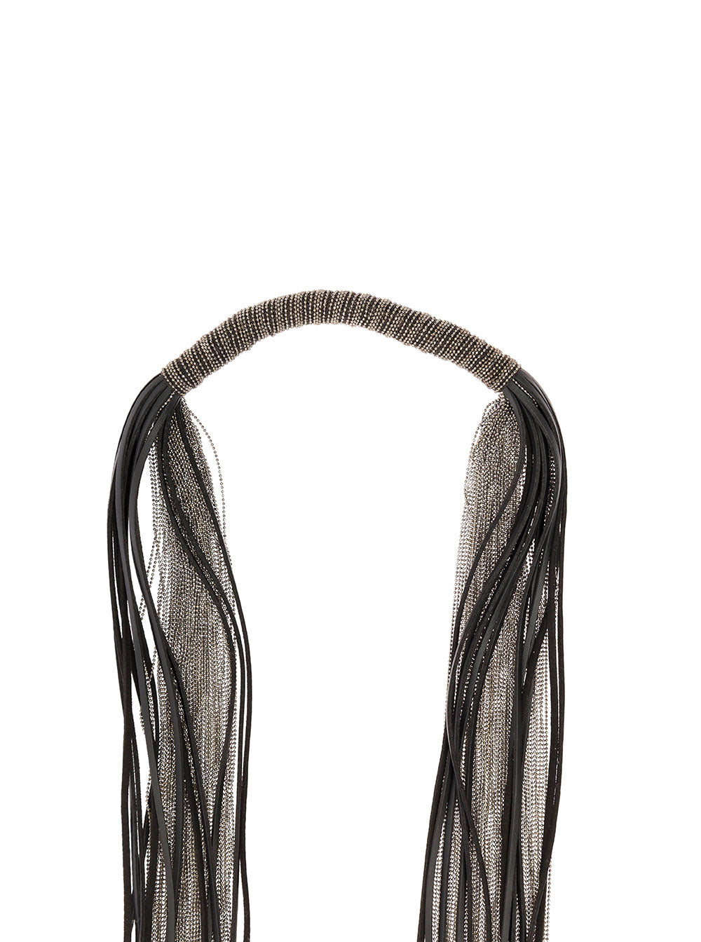 Silver And Black Foulard Necklace With Metallic Leather Fringes Central Rhinestone Decoration Fabiana Filippi Woman Grey Calf Necklaces