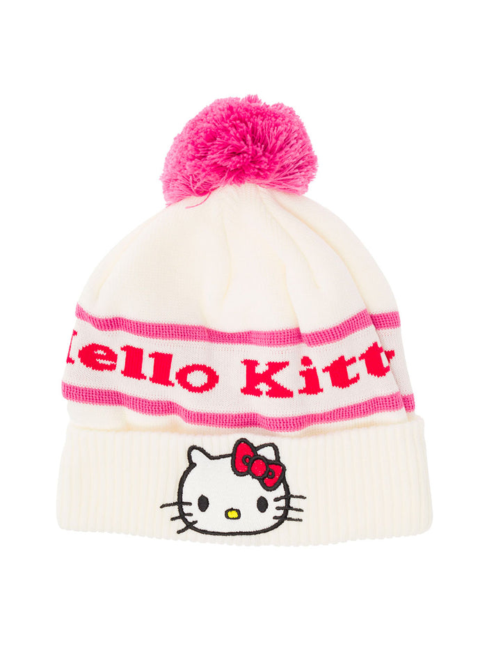 White Beanie Knitted Wool Blend With Pom Pom, Jacquard Lettering And Hello Kitty Patch Gcds Woman Pc Wv Co Hats Gloves