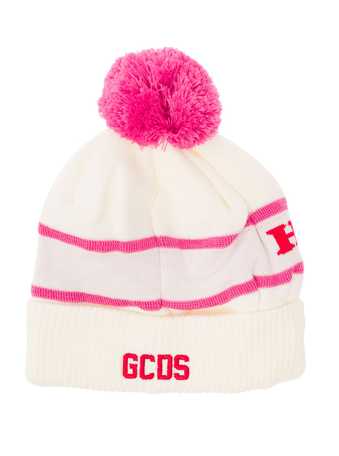 White Beanie Knitted Wool Blend With Pom Pom, Jacquard Lettering And Hello Kitty Patch Gcds Woman Pc Wv Co Hats Gloves