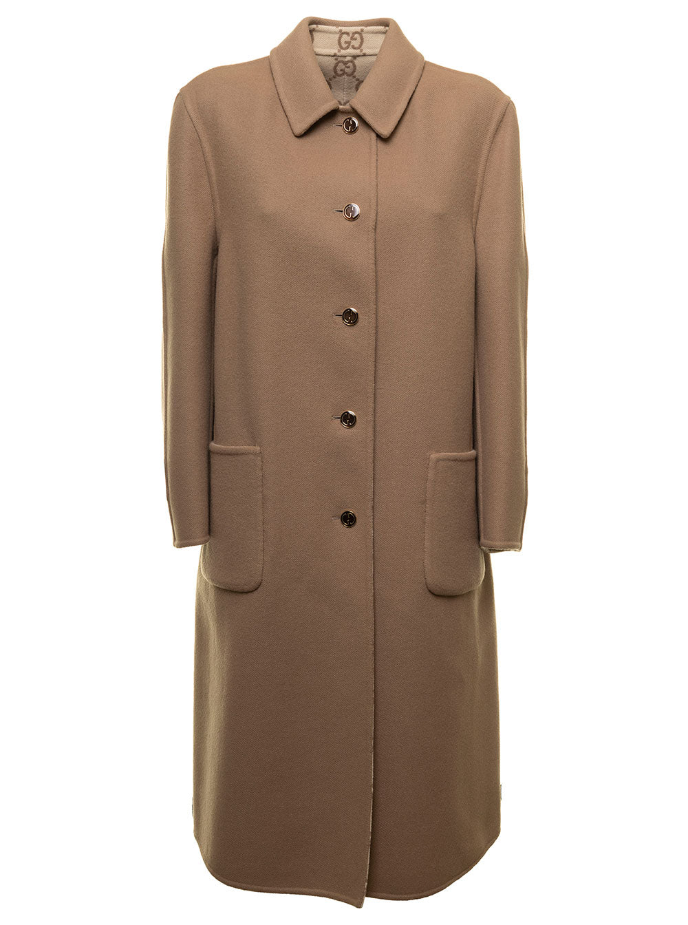 Beige Reversible Coat Gg Wool Gucci Woman Brown Silk