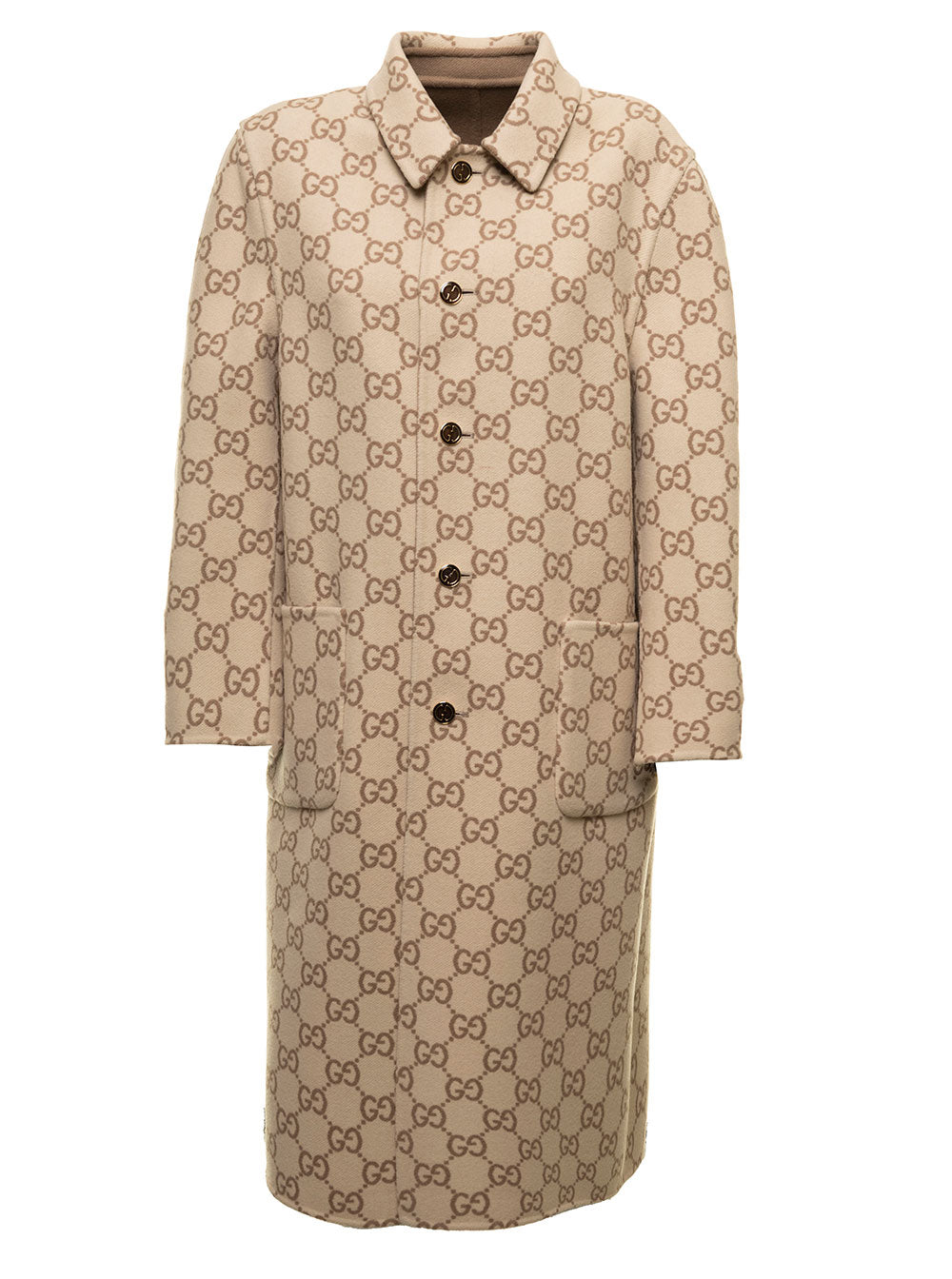 Beige Reversible Coat Gg Wool Gucci Woman Brown Silk