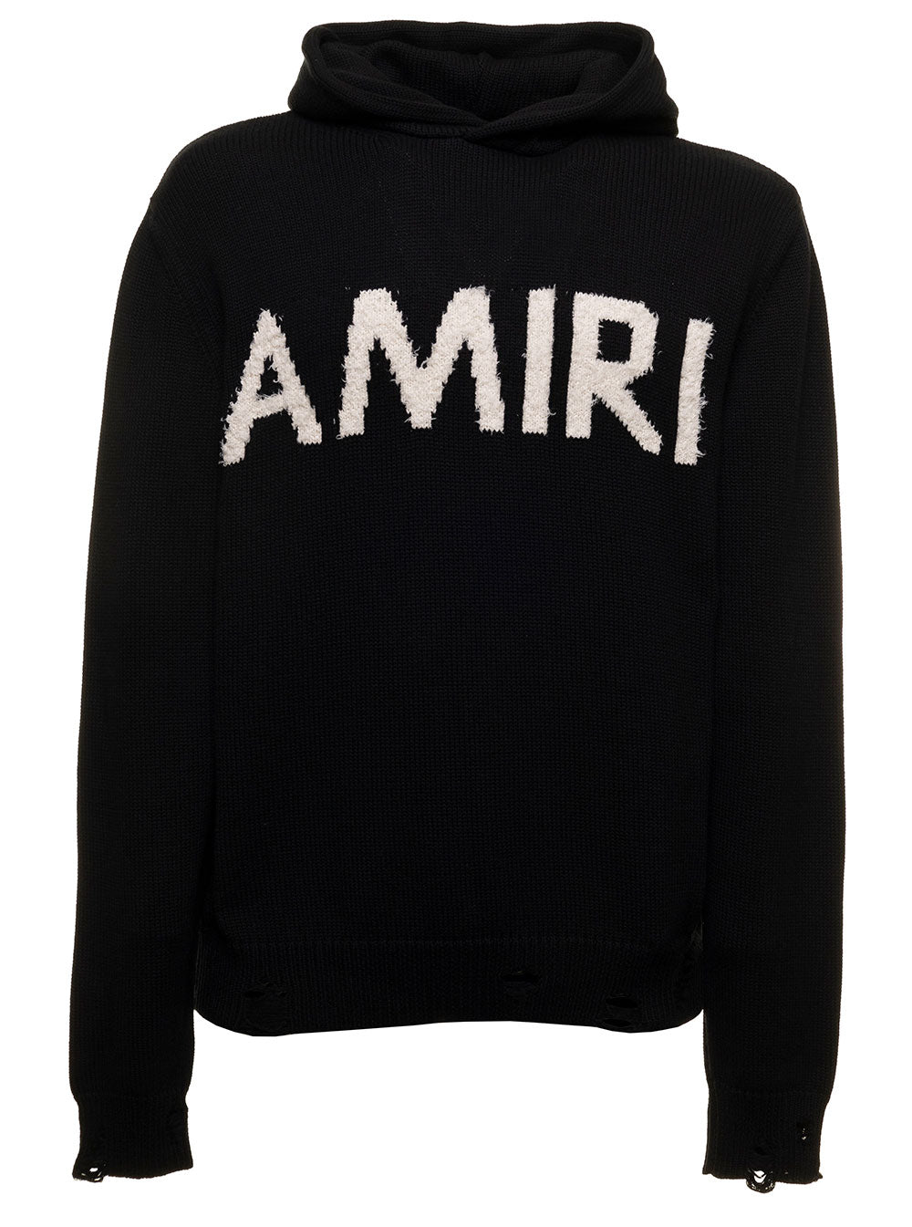 Black Hooded Sweater Knitted Cotton And Cashmere Blend With Contrasting Jacquard Eyelash Logo To The Chest Amiri Man Jersey