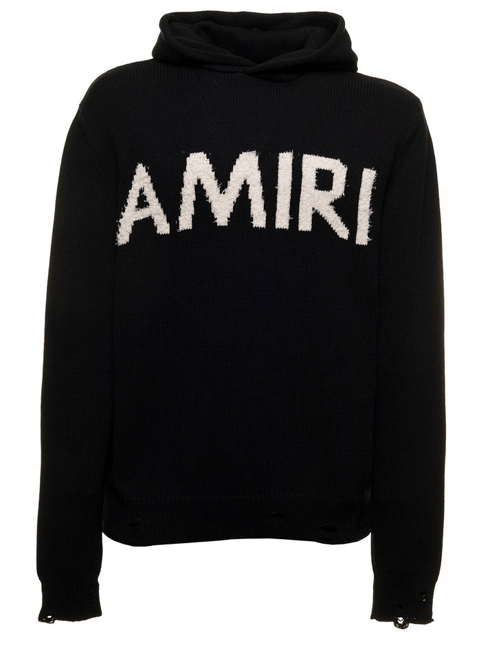 Black Hooded Sweater Knitted Cotton And Cashmere Blend With Contrasting Jacquard Eyelash Logo To The Chest Amiri Man Jersey