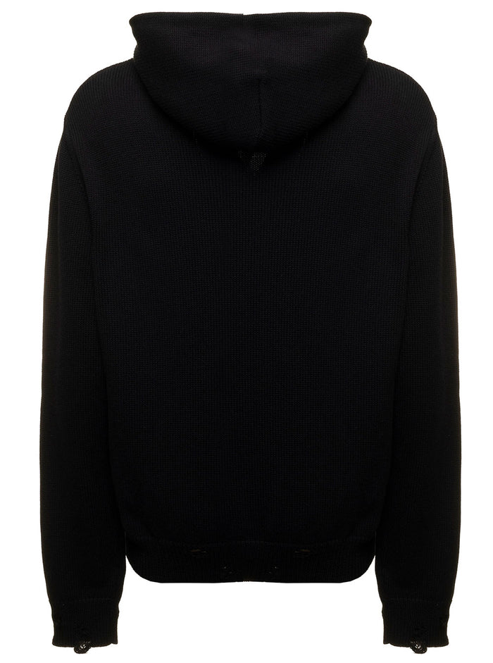 Black Hooded Sweater Knitted Cotton And Cashmere Blend With Contrasting Jacquard Eyelash Logo To The Chest Amiri Man Jersey