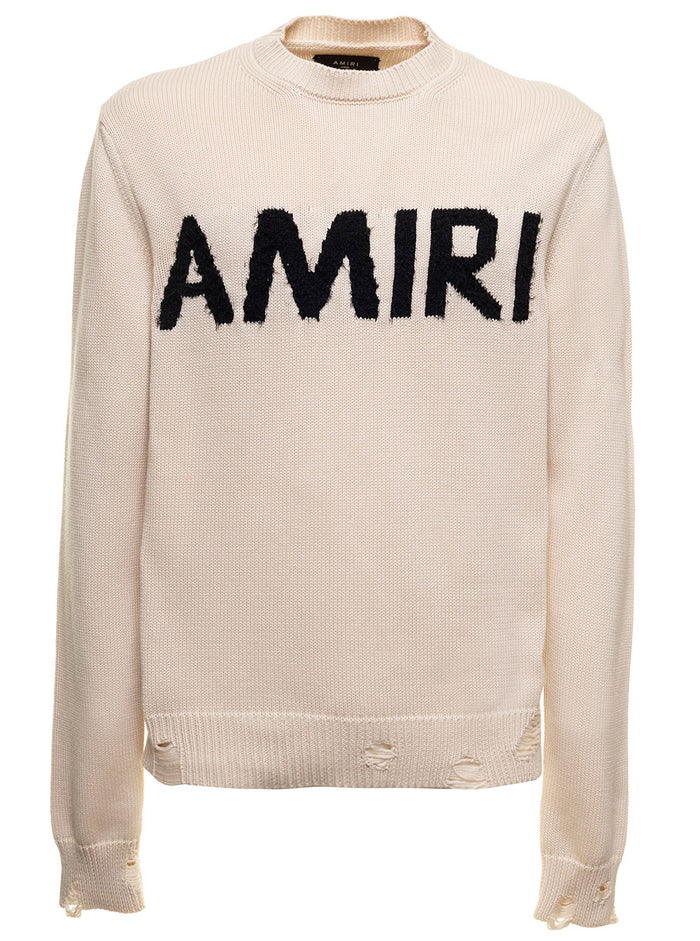 Off White Sweater Knitted Cotton And Cashmere Blend With Contrasting Jacquard Eyelash Logo To The Chest Amiri Man Jersey