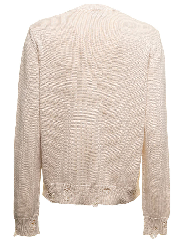 Off White Sweater Knitted Cotton And Cashmere Blend With Contrasting Jacquard Eyelash Logo To The Chest Amiri Man Jersey