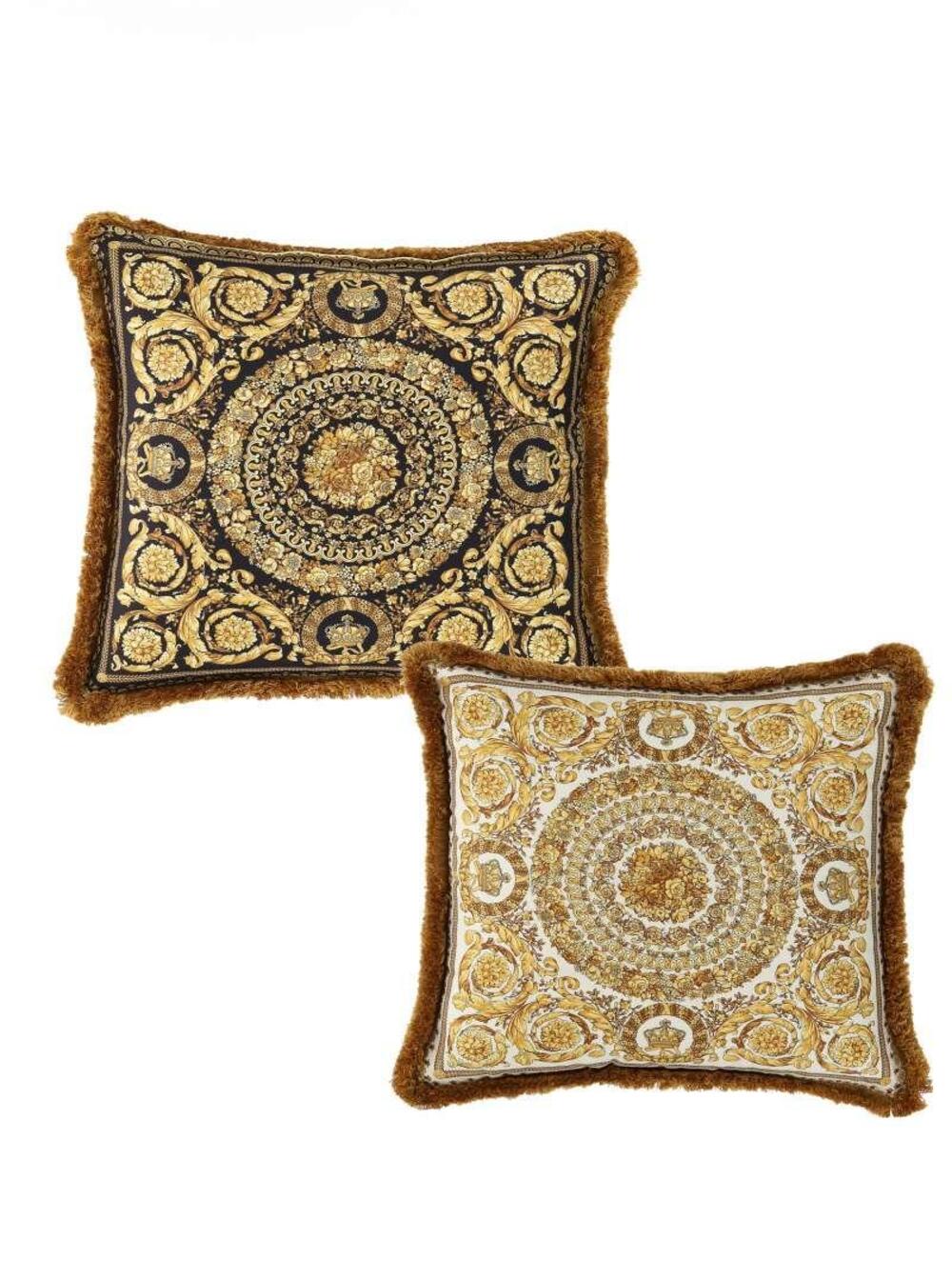 Gold, Black And White Pillow Silk Synthetic Fibers With Baroque Print Yellow Cushions