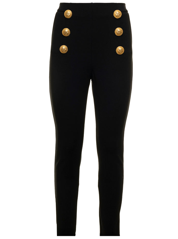 Black Skinny Trousers Stretch Knit With Embossed Gold-Tone Dome Buttons Balmain Woman Viscose Polyamide Élasthanne