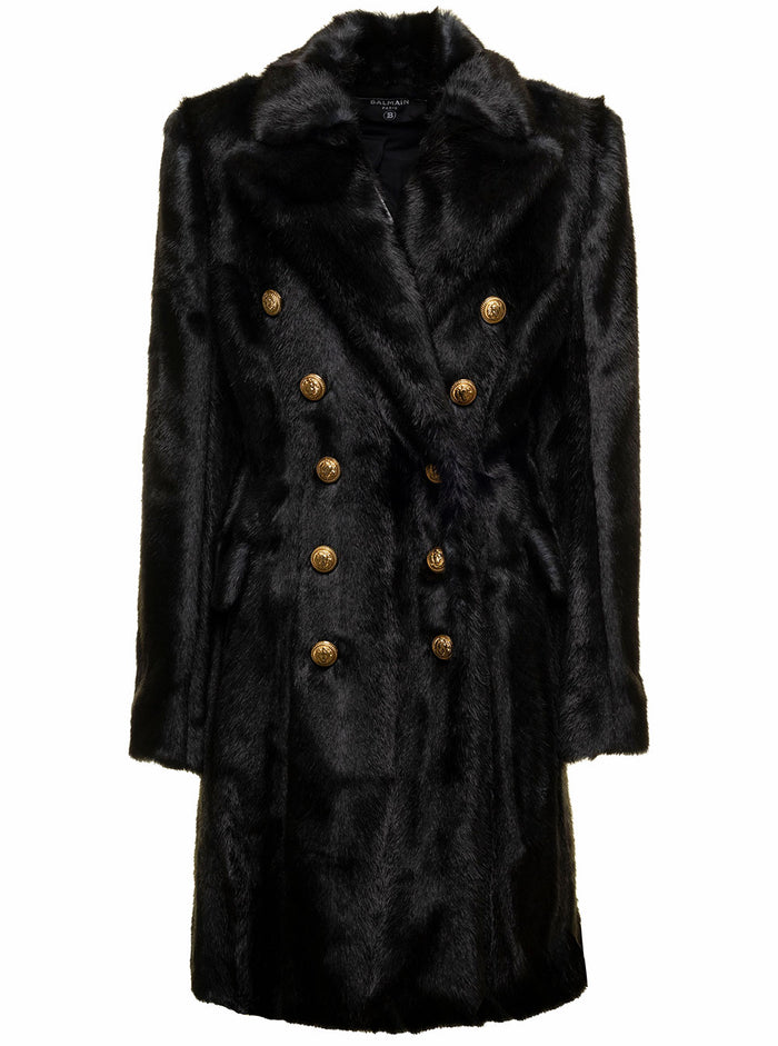 Black Long Coat Faux Fur With Double-Buttoned Fastening Balmain Woman Grey Modacrylic