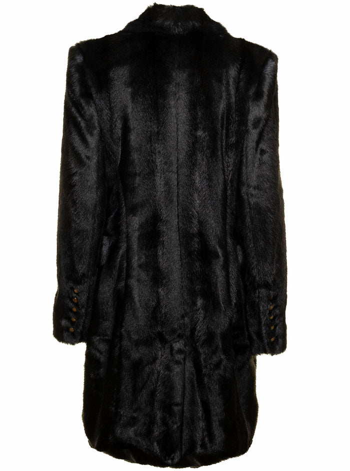 Black Long Coat Faux Fur With Double-Buttoned Fastening Balmain Woman Grey Modacrylic