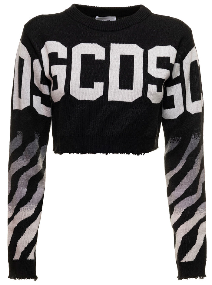 Black Swaeter Wool Blend Knit With Contrassting Jacquard Logo And Zebra Pattern Gcds Woman Wo Pc Co Pa Jersey