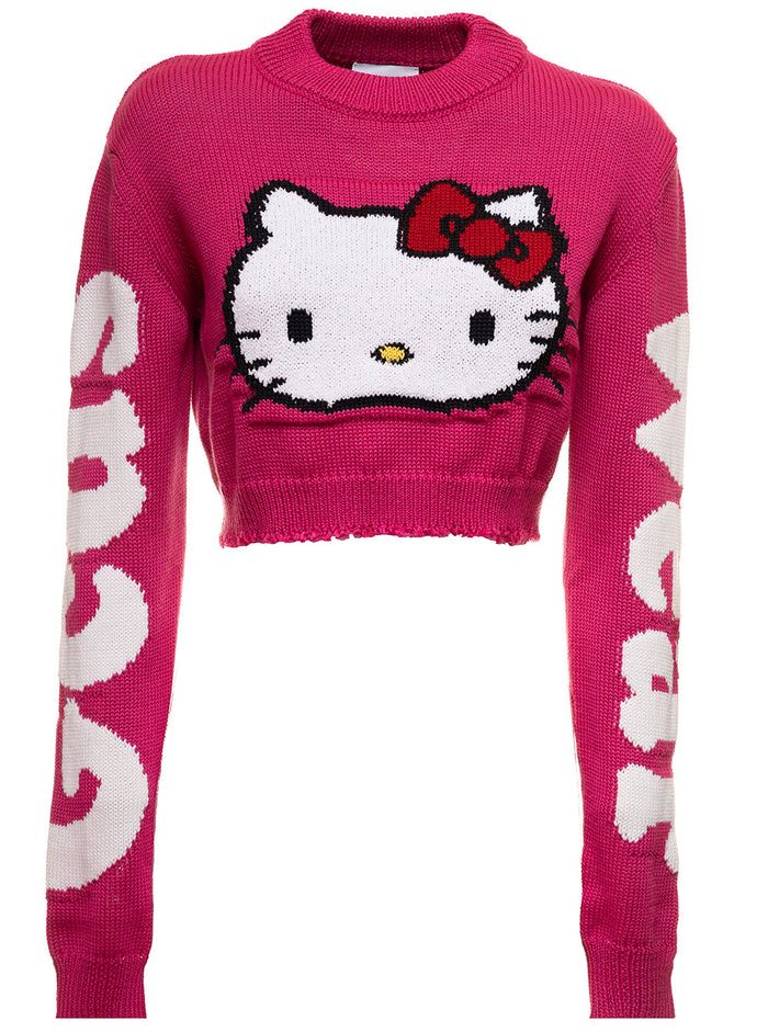 Fuxia Cropped Sweater Wool Knit Blend With And Contrasting Jacquard Hello Kitty Logo Gcds Woman Pink Wv Pc Co Pl Jersey