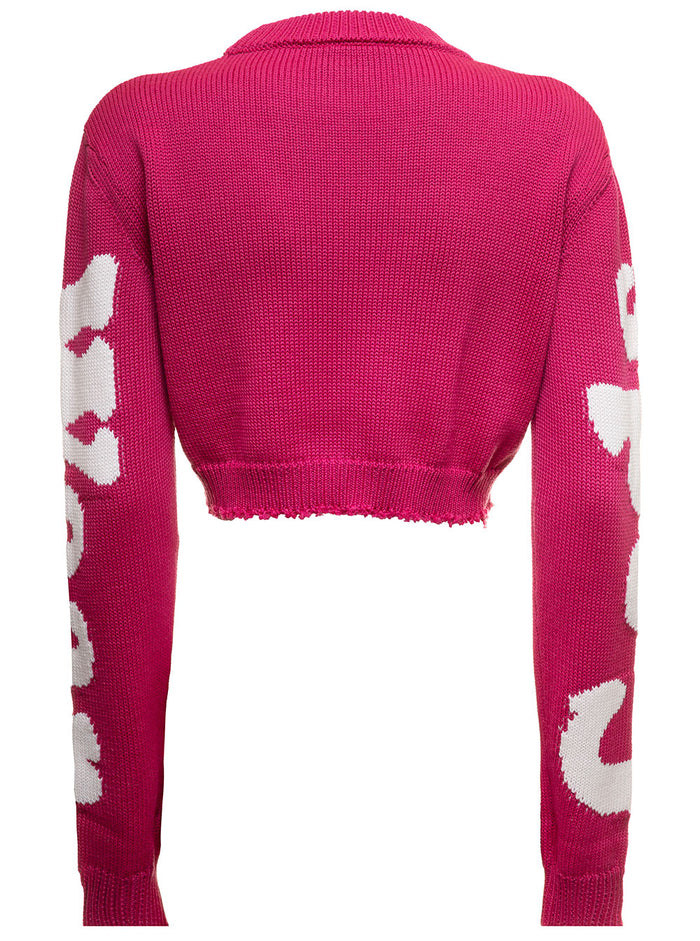 Fuxia Cropped Sweater Wool Knit Blend With And Contrasting Jacquard Hello Kitty Logo Gcds Woman Pink Wv Pc Co Pl Jersey