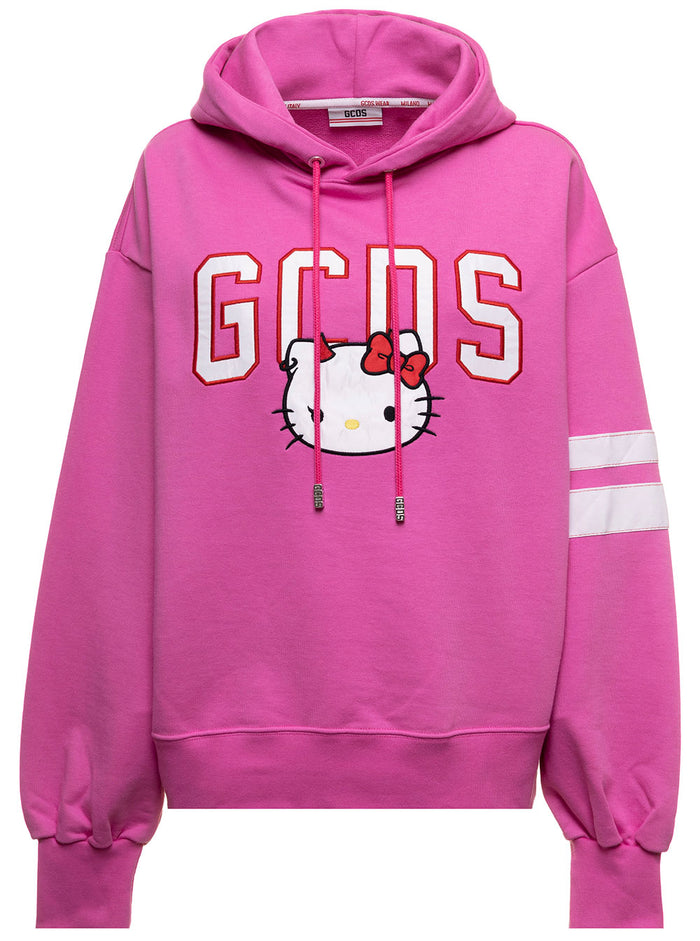 Pink Jersey Hoodiie Fleece Cotton With Hello Kitty Print And Contrast Bands Gcds Woman Sweatshirts