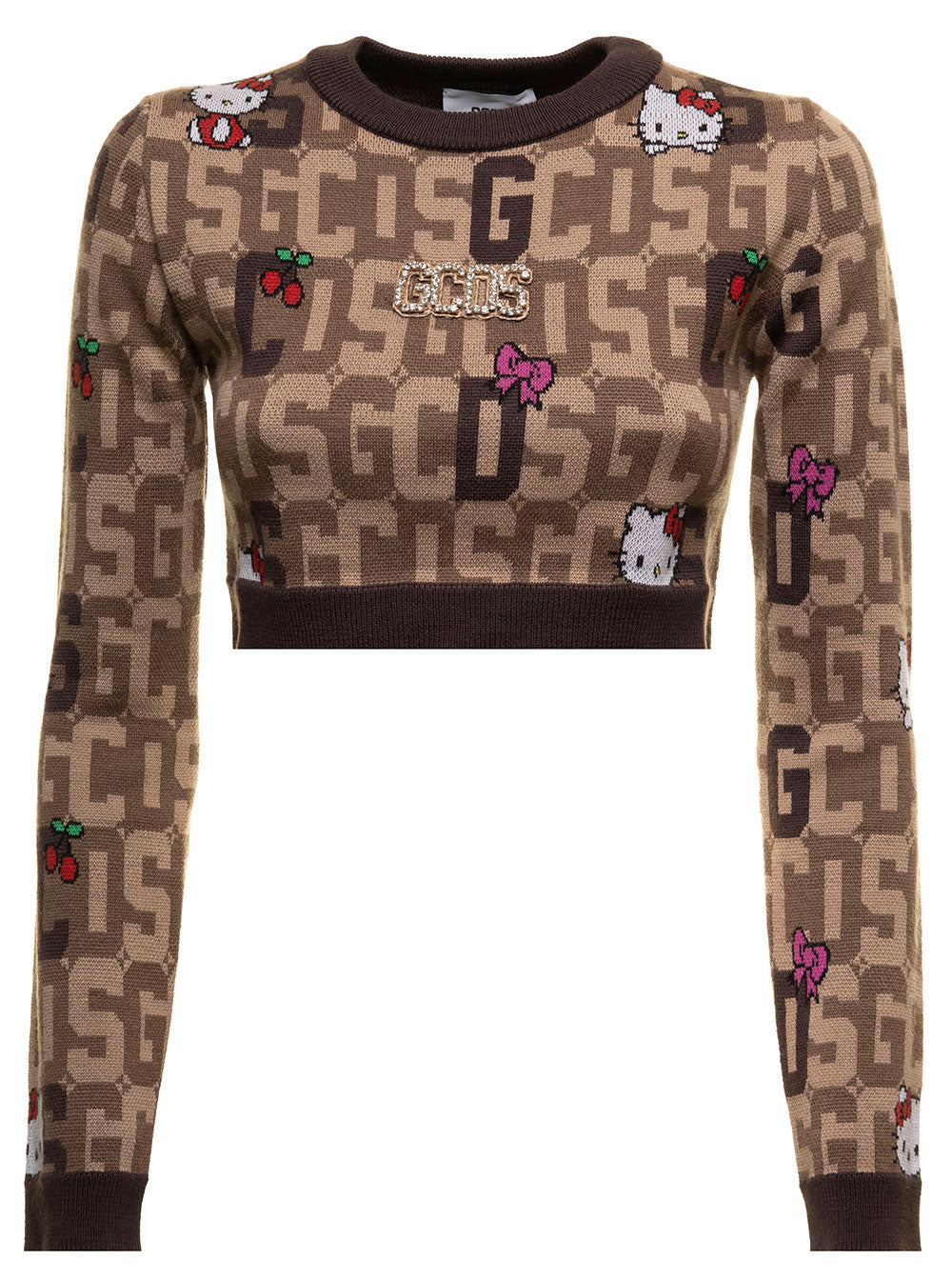 Cropped Sweater Mixed Wool Knit With Logo Plate, Hello Kitty And Contrastingh Jacquard Gcds Woman Brown Wo Pc Jersey