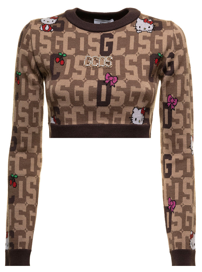 Cropped Sweater Mixed Wool Knit With Logo Plate, Hello Kitty And Contrastingh Jacquard Gcds Woman Brown Wo Pc Jersey
