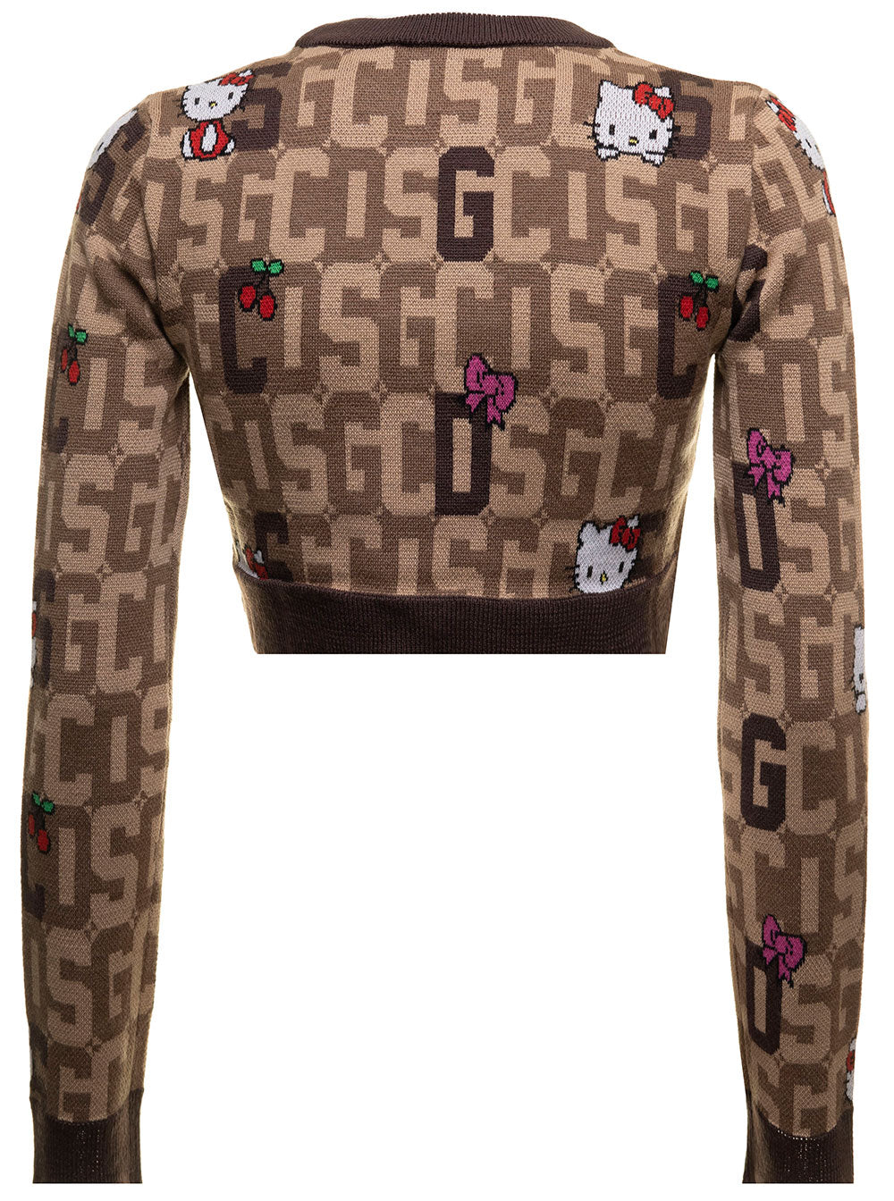 Cropped Sweater Mixed Wool Knit With Logo Plate, Hello Kitty And Contrastingh Jacquard Gcds Woman Brown Wo Pc Jersey
