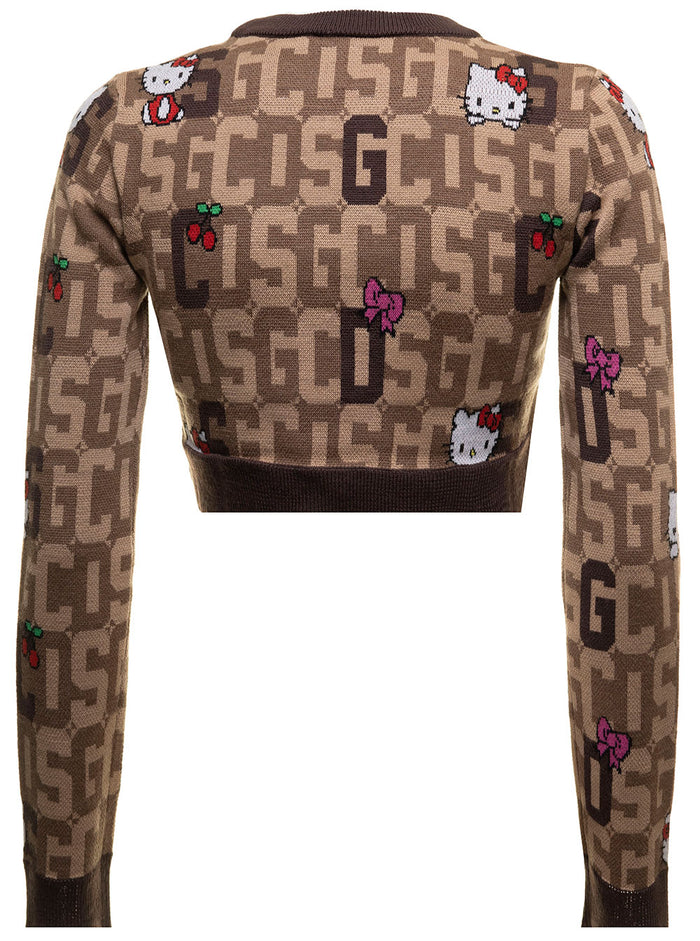 Cropped Sweater Mixed Wool Knit With Logo Plate, Hello Kitty And Contrastingh Jacquard Gcds Woman Brown Wo Pc Jersey