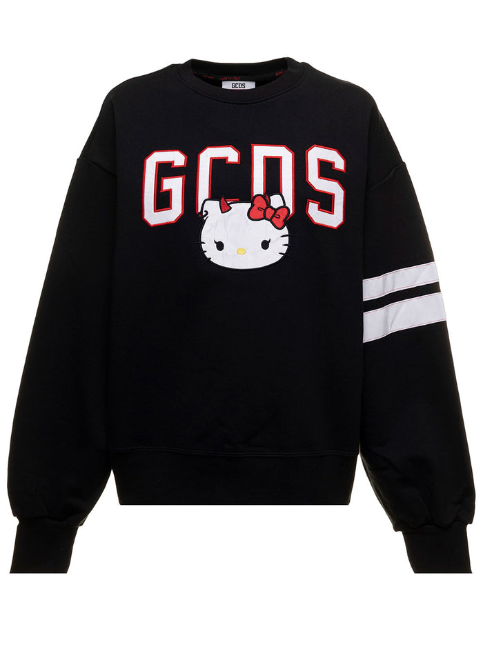 Black Sweatshirt Fleece Cotton With Hello Kitty Print And Contrasting Logo Bands Gcds Woman Sweatshirts