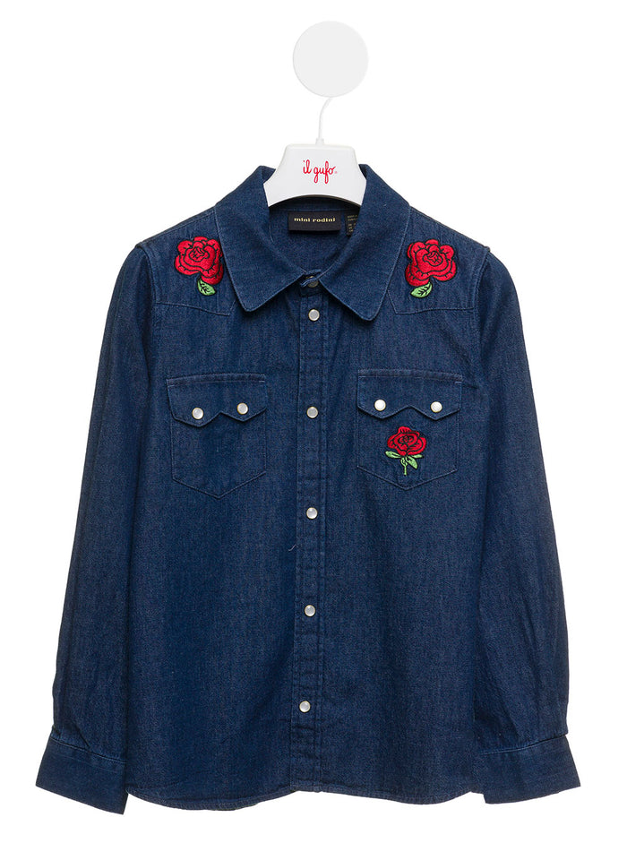 Shirt With Rose Embroidery Blue Denim Organic Cotton Kids Mini Rodini Blu And Blouses