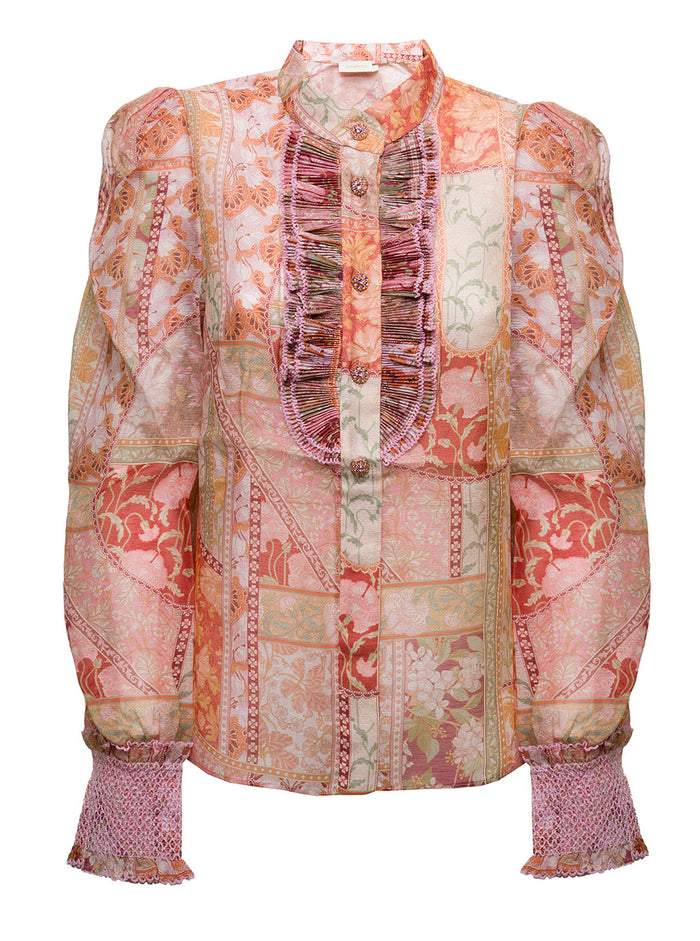 Blusa Kaleidoscope Tuxedo Stampa Floreale Organza Donna Zimmermann Orange Silk Linen Shirts And Blouses