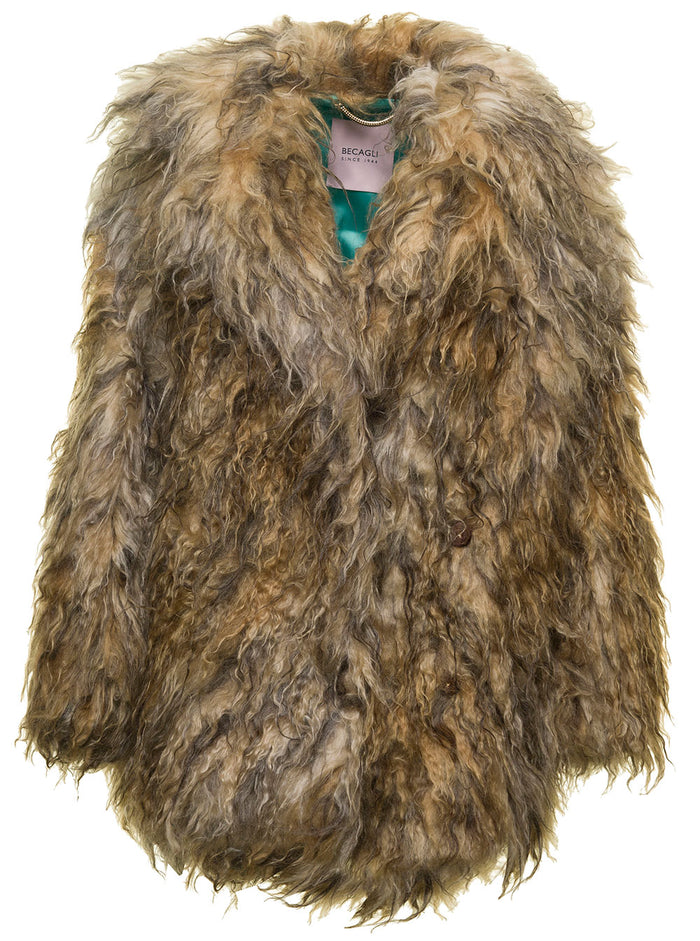 Beige Fur Effect Coat Mohair Beacagli Woman Polyamide Shearling Jackets And Furs