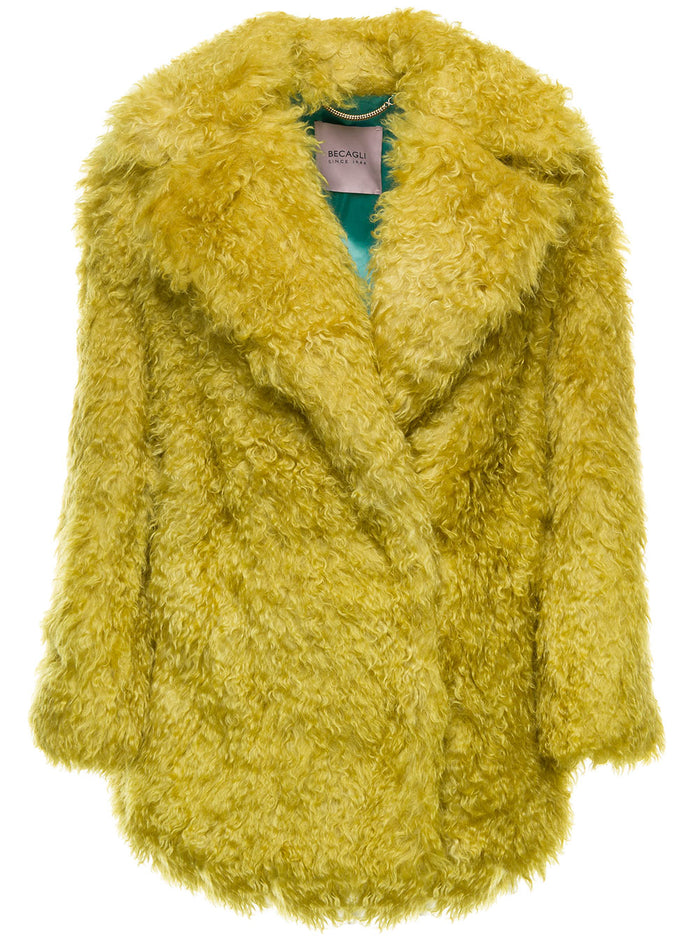 Yellow Fur Effect Coat Mohair Beacagli Woman Polyamide Shearling Jackets And Furs