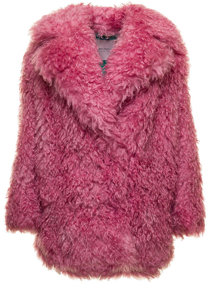Pink Fur Effect Coat Mohair Beacagli Woman Polyamide Shearling Jackets And Furs