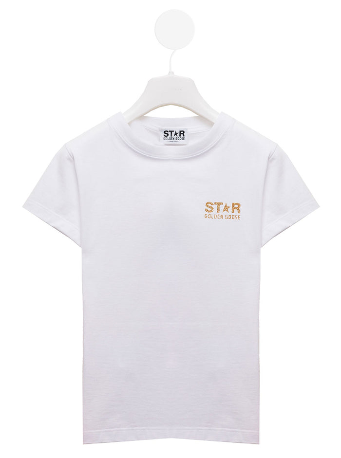 L White Cotton T-Shirt With Star Logo Print Golden Goose Kids Gir Elastane Tshirts And Polo Shirts