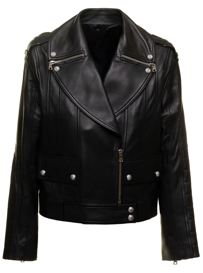Black Biker Jacket With Zip Leather Man Balmain Lamb