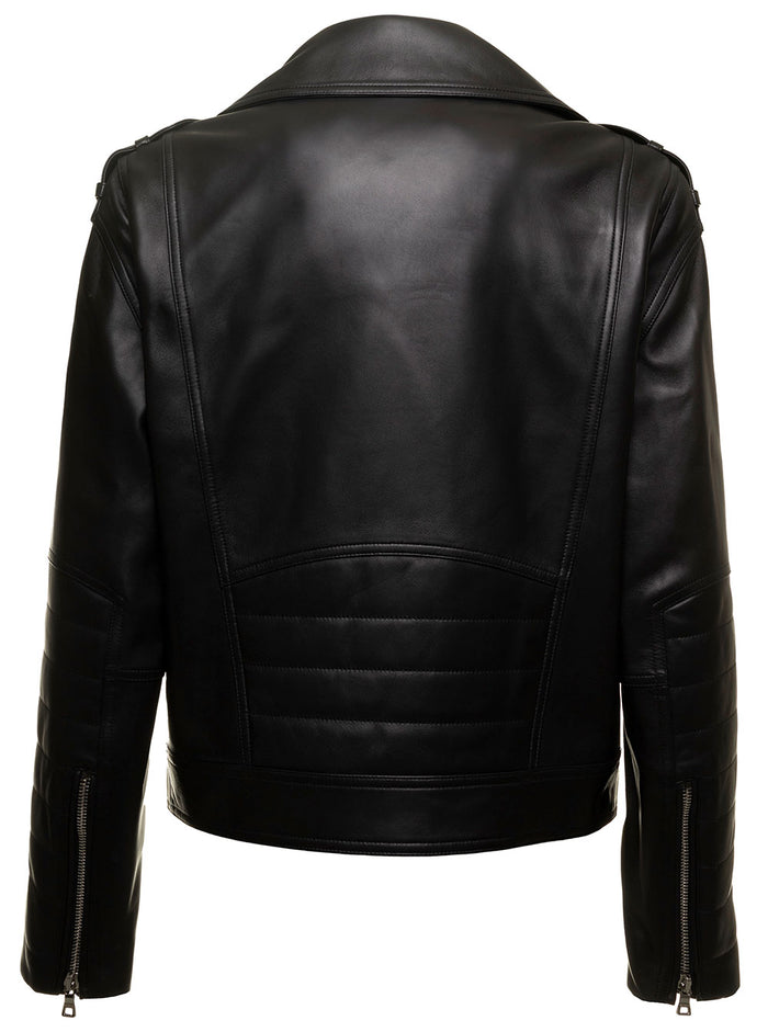 Black Biker Jacket With Zip Leather Man Balmain Lamb