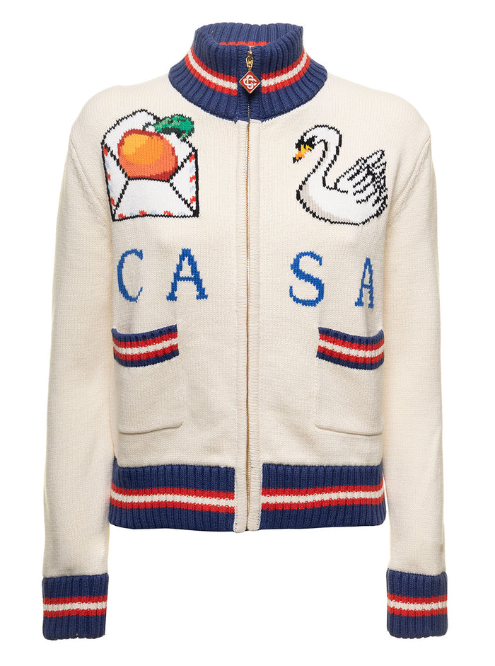 Intarsia Knit Multicolor Cardigan Cotton Woman Casablanca White Jersey