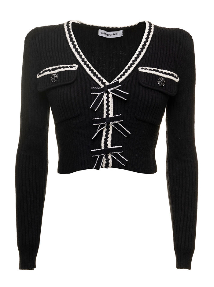 Cable Knit Cropped Cardigan Black Woman Self Portrait Jersey