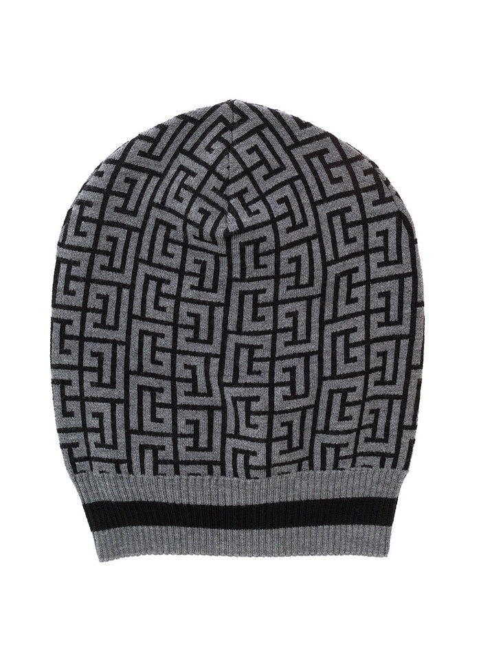Grey Monogram Knit Beanie Man Balmain Wool Hats And Gloves