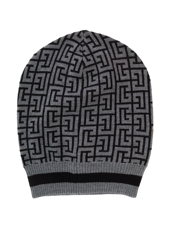 Grey Monogram Knit Beanie Man Balmain Wool Hats And Gloves