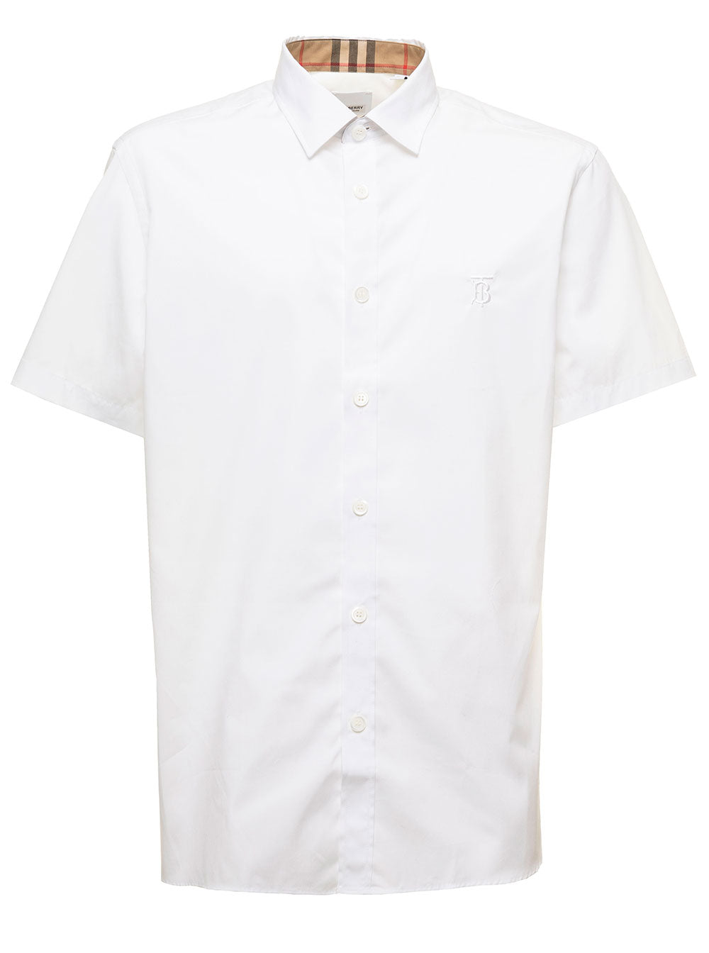 White Short Sleeves Shirt With Logo Cotton Man Burberry Elastane And Blouses