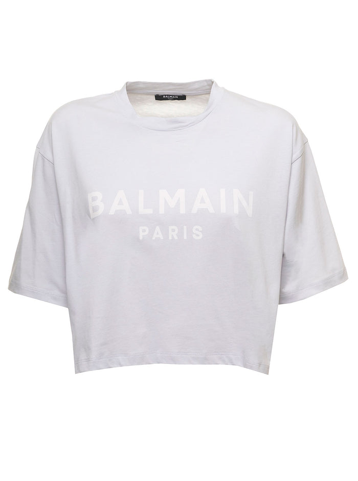 Cropped Balmain Print T-Shrt Blu Cotton Tshirts And Polo Shirts