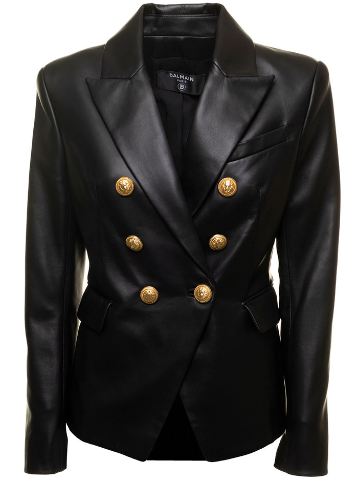 6 Buttons Leather Jacket Black Lamb Blazers