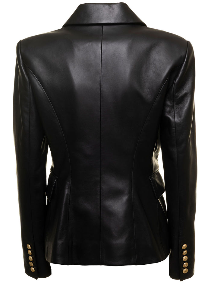 6 Buttons Leather Jacket Black Lamb Blazers